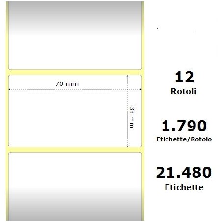 White 70x38mm,1790 Et/Rotolo Z-1000D,2.8x1.5x1Core ,12 Rolls