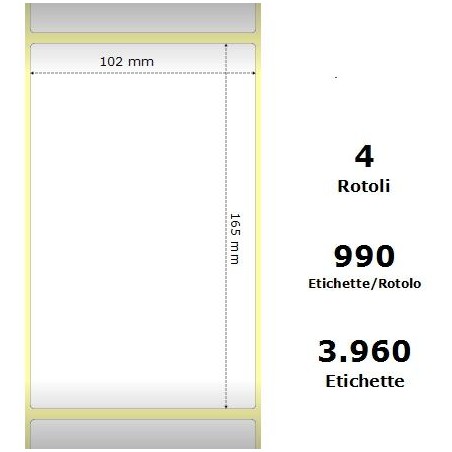 White 102x165mm,990 Et/Rotolo Z-1000D, 4x6.5x3 Core ,4 Rolls