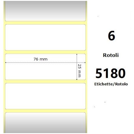 White 76x25mm,5180 Et/Rotolo Z-1000D, 3x1x3 Core, 6 Rolls