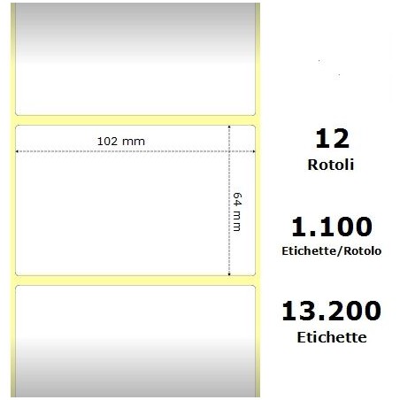 White 102x64mm, 1100 Et/Rotolo Z-2000D 4x2.5x1Core, 12 Rolls