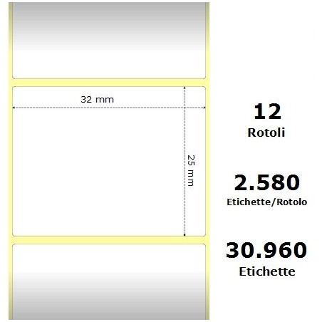 White 32x25mm, 2580 Et/Rotolo Z-2000D 1.3x1x1 Core, 12 Rolls