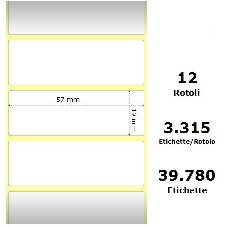 White 57x19mm,3315 Et/Rotolo Z-2000D,2.2x0.7x1Core, 12 Rolls