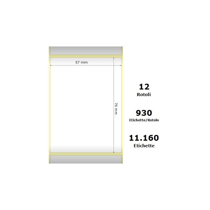 White 57x76mm,930 Et/Rotolo Z-2000D, 2.2x3x1 Core, 12 Rolls