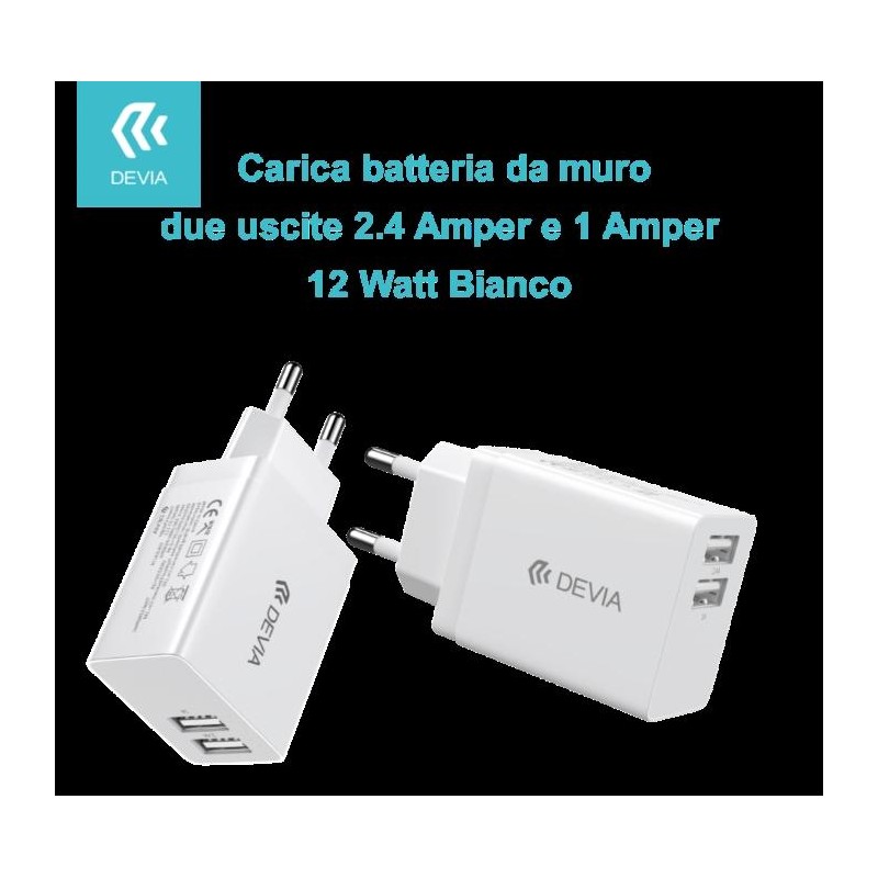 Carica Batterie 2 Uscite 2.4 Amper e 1 Amper 12 Watt Bianco