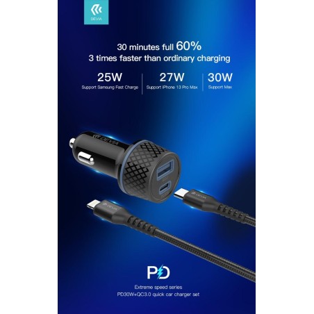 Carica da Auto 2 uscite carica Rapida PD+QC 52.5 Watt + Cavo