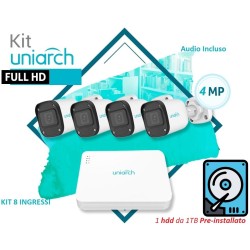 KIT UNIARCH 8 Canali PoE con 1 HDD installato,  4 Bullet 4MP