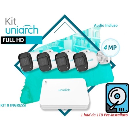 KIT UNIARCH 8 Canali PoE con 1 HDD installato,  4 Bullet 4MP